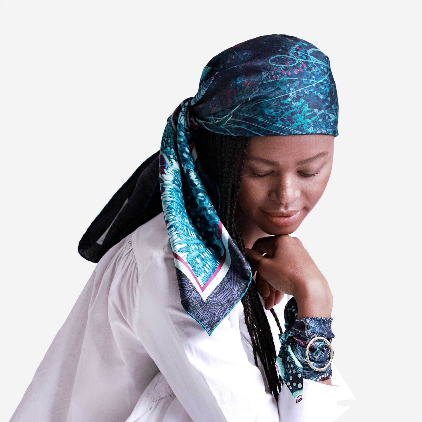 Wanderland luxury silk twill scarf blue Aureum