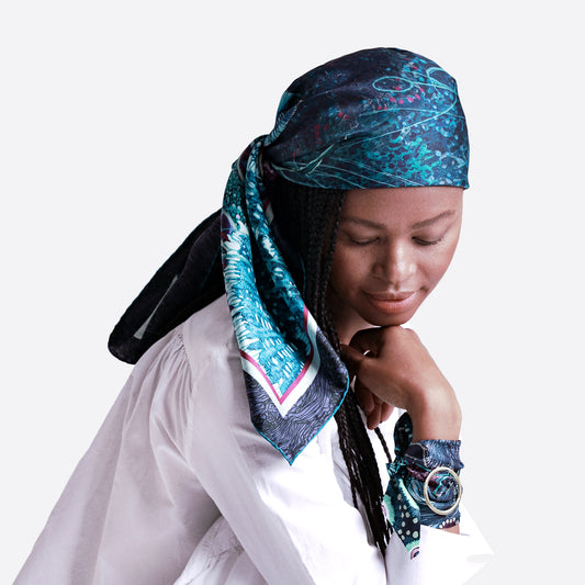 Wanderland luxury silk twill scarf blue Aureum