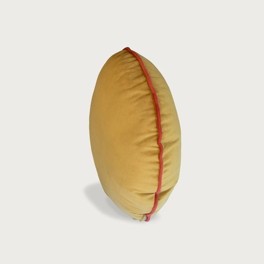 gold ochre yellow round macaron velvet cushion