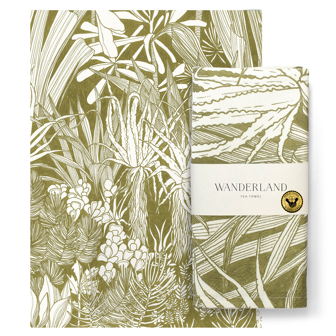 Wanderland green foliage tea towel south africa